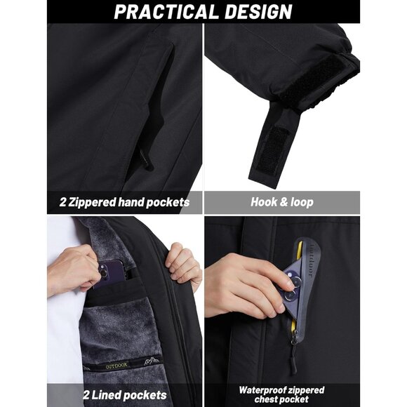 Tacvasen Men's Black Waterproof Fleece Liner Windproof Warm Snow Ski Jacket - Picture 6 of 6